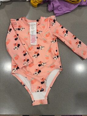 Disney Peach Minnie Mouse Long-Sleeve One-Piece Swimsuit - Peach, Black